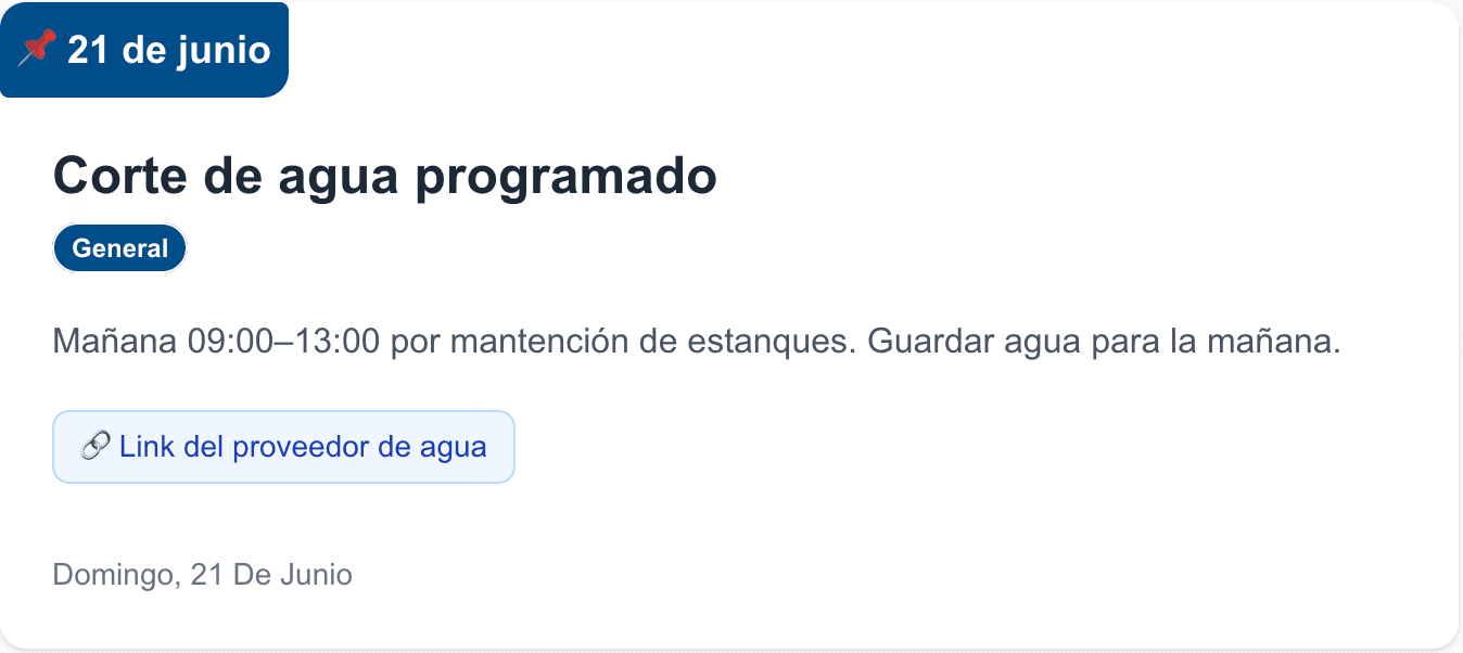 Aviso de ejemplo: «Corte de agua programado» en la categoría General, domingo 21 de junio.